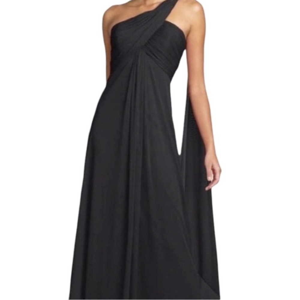 Alex Evenings Black One Shoulder Sheer Overlay Scarf Gown, Size 6